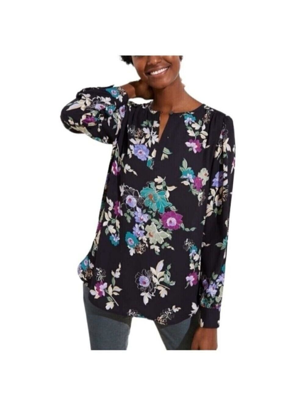 Ann Taylor LOFT Floral Keyhole Tunic Blouse Top Size Small Multicolor Black